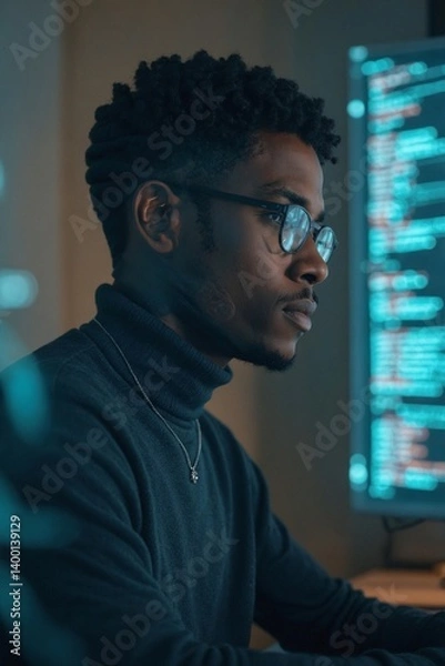Fototapeta Young African American Software Engineer Focused on AI-Driven Code Development and Algorithm Design on Multiple Screens