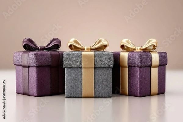Obraz Elegant stack of wrapped gift boxes in coordinated colors with golden ribbons placed on glossy purple surface against soft gradient background suggesting celebration and design