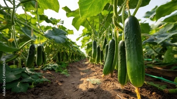 Obraz Rows of vibrant cucumber plants stretch across the field, with fresh cucumbers hanging from lush green vines. The sun illuminates the scene, enhancing the color of the crops