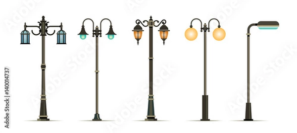 Fototapeta Traditional and Modern Outdoor Lamp Posts. Vector illustration. Icon set isolated on white background