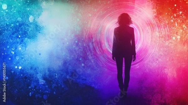 Fototapeta Silhouette of a person standing against a colorful abstract background with swirling patterns