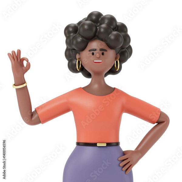 Obraz A woman with OK gesture in business attire. Symbolizes approval or positivity. 3D rendering, conceptual image. Isolated on white background.