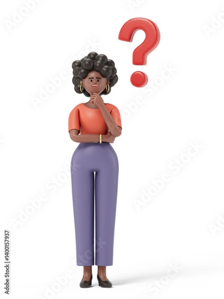 Obraz A woman with a thoughtful pose, a question mark above his head, symbolizes pondering or indecision. 3D rendering, conceptual image. Isolated on white background.