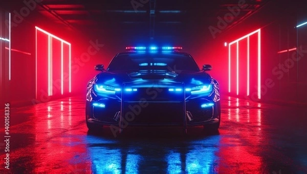 Obraz Futuristic police car bathed in vibrant neon lights, showcasing a sleek design and advanced features.  The vehicle's blue emergency lights illuminate the dark, reflective garage-like environment