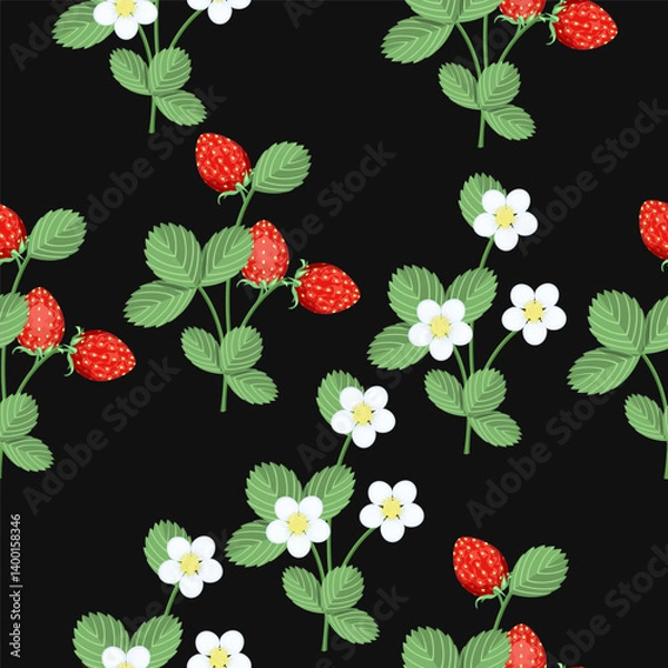 Obraz Strawberry bushes pattern on a black background.Vector pattern for textiles, strawberry packages, notebook covers, backgrounds.