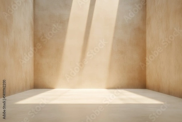 Fototapeta Light Beams Illuminate an Empty, Minimalistic Room With Warm Tones During Daylight Hours