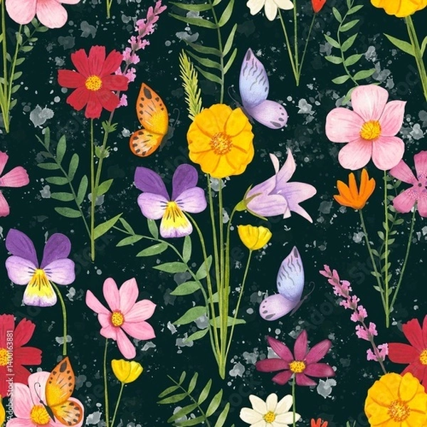 Obraz Floral seamless pattern with  meadow flowers on a dark background, watercolor