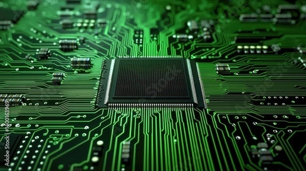 Fototapeta A close-up view of a green circuit board showcasing intricate patterns and a central processing unit, highlighting technology and innovation.