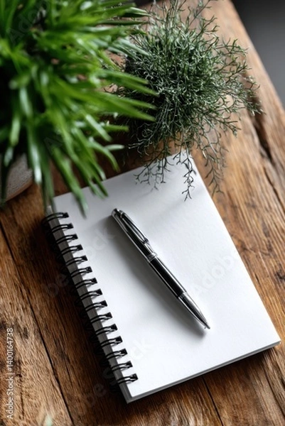 Fototapeta A modern, blank notebook and pen set against a wooden background with elegant green plants for a stylish touch.