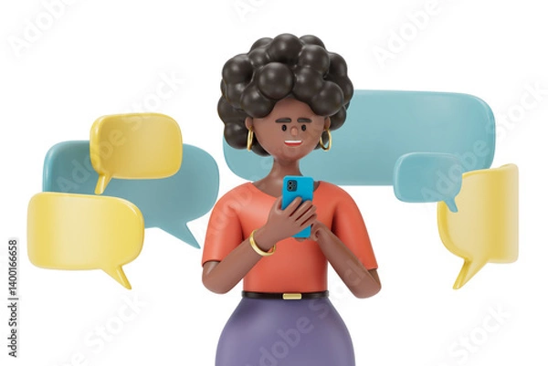 Obraz A woman uses a smartphone with speech bubbles, symbolizing digital communication or social media interaction. 3D rendering, conceptual image. Isolated on white background.