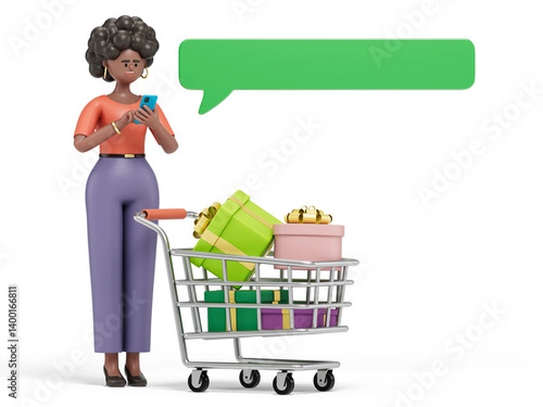 Obraz A woman with a shopping cart and smartphone, symbolizing online shopping or digital commerce. 3D rendering, conceptual image. Isolated on white background.