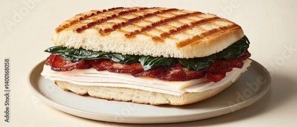 Fototapeta Delicious panini sandwich with turkey bacon cheese and spinach on a plate perfect for lunch or a quick meal with a neutral background and studio lighting