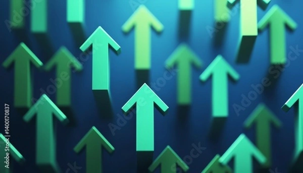 Fototapeta Green arrows pointing upwards on a blue background, spaced out and connected, illustrating the concept of growth and positive momentum in a hightech setting