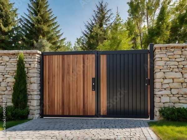 Obraz Wide automatic sliding gate made of planks with remote control, installed in high stone fence wall. Security, protection, privacy concept for automated property. Modern, electrical design, closed
