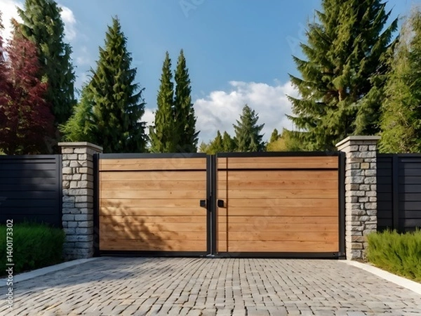 Obraz Wide automatic sliding gate made of planks with remote control, installed in high stone fence wall. Security, protection, privacy concept for automated property. Modern, electrical design, closed