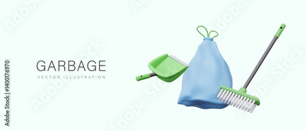 Obraz Garbage cleaning color concept. Bag with ties, scoop, broom. Indoor and outdoor dry cleaning. Vector realistic composition for online advertising, design