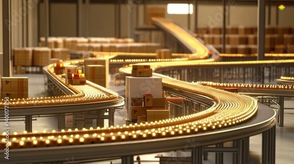 Obraz Factory interior with interconnected machinery and conveyor systems under bright lighting
