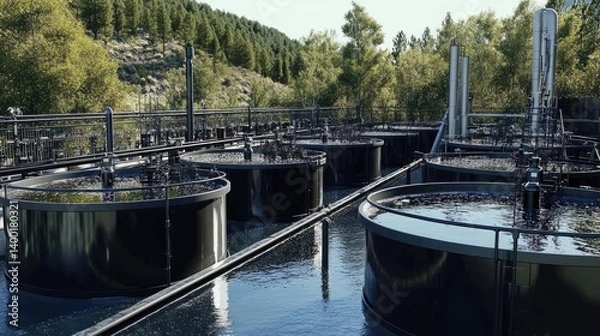 Obraz Industrial chemical waste treatment plant with filtration systems in use