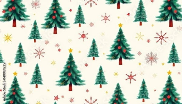Fototapeta Seamless festive pattern featuring Christmas trees, snowflakes, and stars on a light background, star pattern, festive