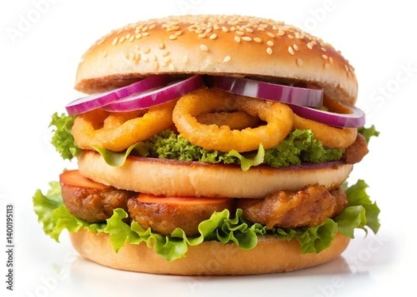 Fototapeta Gourmet Burger with Onion Rings: An irresistible double-decker gourmet burger stacked high with juicy patties on white background, crisp lettuce, and tangy red onion rings.