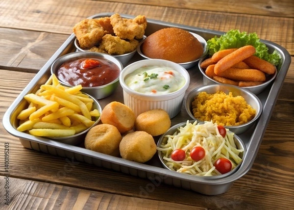 Fototapeta Delicious Assortment: A tray laden with an array of tempting and savory dishes, offering a visually delightful and mouthwatering feast, perfect for satisfying any appetite. 