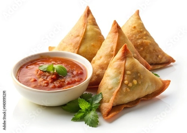 Fototapeta Golden Triangles of Flavor: A tantalizing array of golden-fried samosas are arranged with a vibrant bowl of dipping sauce.