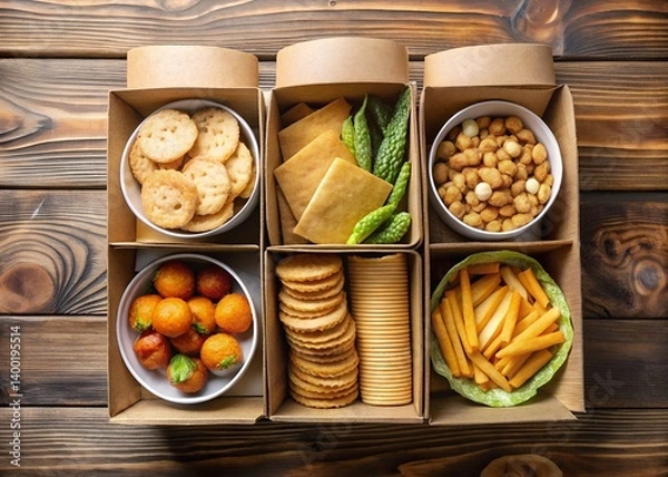Fototapeta Snack Variety Boxes: A close-up studio shot of a diverse array of snack boxes filled with an assortment of delicious savory treats, creatively arranged on a wooden surface, inviting appetite.