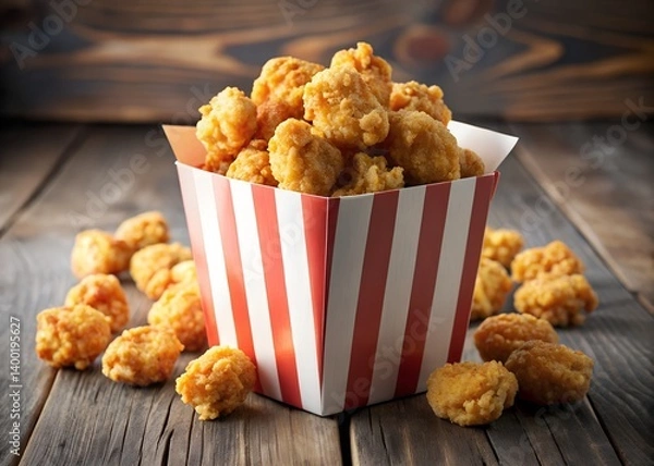 Fototapeta Crispy Chicken Popcorn: A delightful close-up of crispy chicken popcorn in a red and white striped box, spilling onto a rustic wooden surface.