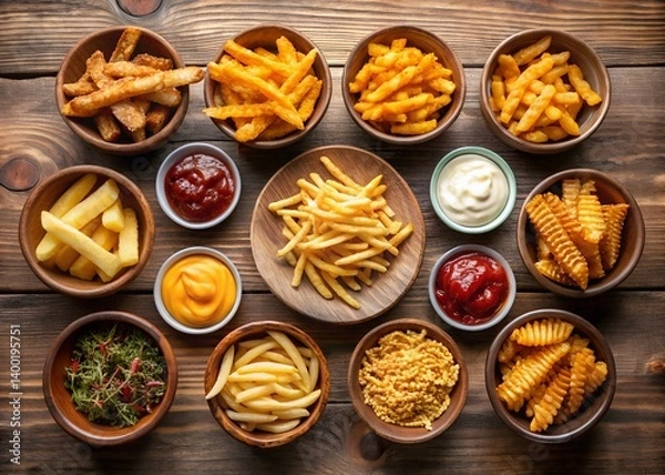 Fototapeta A Culinary Symphony of Fries and Sauces: An overhead shot showcases an artful arrangement of a variety of french fries and dips on a rustic wooden table.