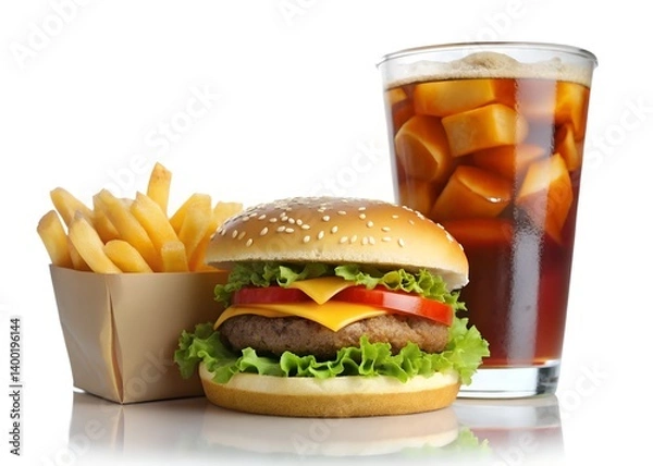 Fototapeta Delicious Fast Food Combo: A mouthwatering classic fast food meal featuring a juicy hamburger, golden french fries, and refreshing soda, perfect for a quick and satisfying lunch or snack.