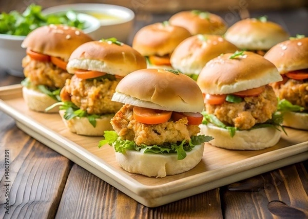 Fototapeta Mini Crab Cakes Sliders: A delectable platter of mini crab cake sliders, each featuring succulent crab meat, fresh arugula, and juicy tomato slices nestled in soft buns.