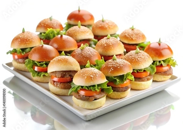 Fototapeta Mini Burgers Platter:  A platter of mini burgers arranged on a rectangular white platter, ready for a delicious party snack.