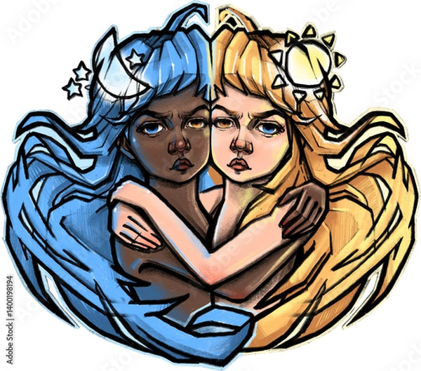 Obraz Two sisters symbolizing the sun and moon, light and dark, day and night