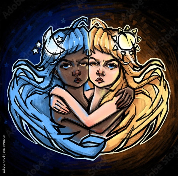 Obraz Two sisters symbolizing the sun and moon, light and dark, day and night