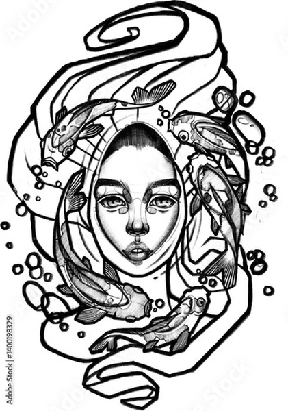 Obraz Surreal female face surrounded by koi fish and flowing water. Dynamic