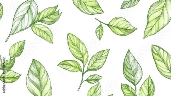Fototapeta A beautifully illustrated pattern of various green leaves, showcasing different shapes and sizes against a white background.