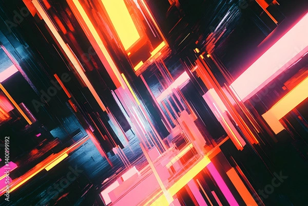 Fototapeta A vibrant, neon-lit, abstract perspective of intersecting geometric shapes.