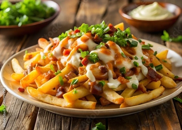 Fototapeta Bacon Cheese Fries Indulgence: Crispy golden fries piled high with savory bacon bits, creamy cheese sauce, and fresh green onions, a decadent and irresistible treat for any occasion. 