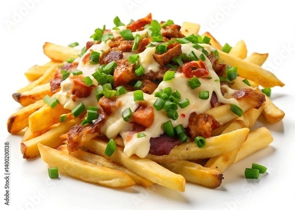 Fototapeta Delicious Loaded Fries: A mouthwatering composition of golden fries generously topped with savory cheese sauce, crisp bacon bits, and fresh green onions