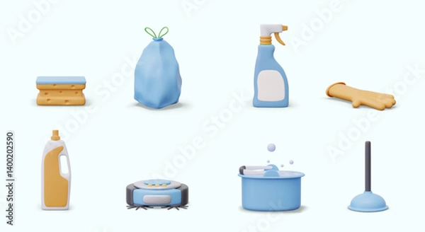 Obraz Set of 3D icons for store of detergents, accessories, household electrical appliances. Sponge, garbage bag, rubber glove, robot vacuum cleaner, bucket with soapy foam, plunger. Plastic bottle, spray