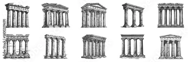 Fototapeta Ancient Greek And Roman Temple Columns Illustration Set In Vintage Style. Architectural Heritage And Classical Design In Hand Drawn Sketch Style. Isolated Vector Illustration