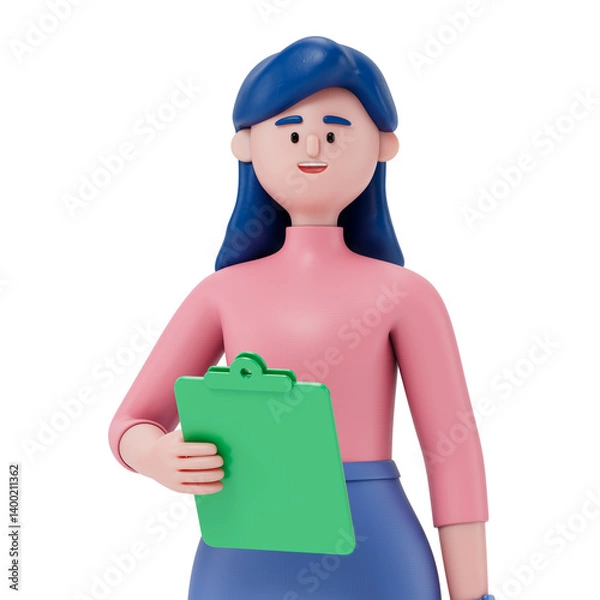 Obraz A woman holds a folder, symbolizing organization or work readiness. 3D rendering, conceptual image. Isolated on white background.