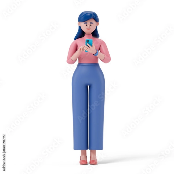 Obraz A woman using at his phone, symbolizing connectivity or communication. 3D rendering, conceptual image. Isolated on white background.