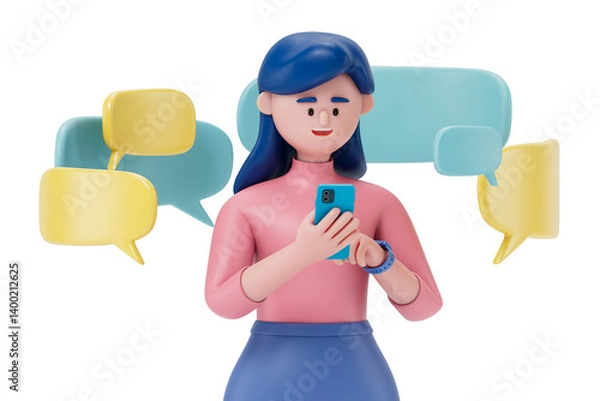Fototapeta A woman uses a smartphone with speech bubbles, symbolizing digital communication or social media interaction. 3D rendering, conceptual image. Isolated on white background.