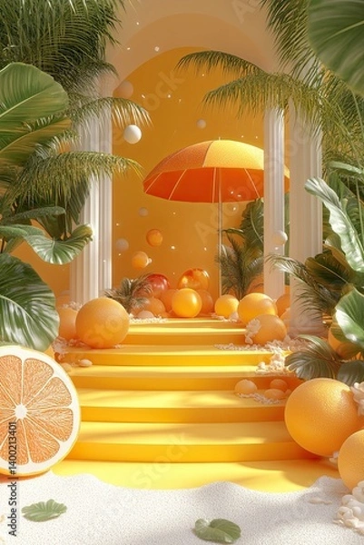 Fototapeta 3D rendering of summer catwalk with beach balls and umbrella on yellow background. , sunscreen, relaxation and rest.