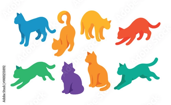 Fototapeta Isometric flat vector set of icons of cat silhouettes: full-body silhouette, curled tail, arched back, stalking form, pouncing outline, fluffy shape, sitting profile, running shape. isolated