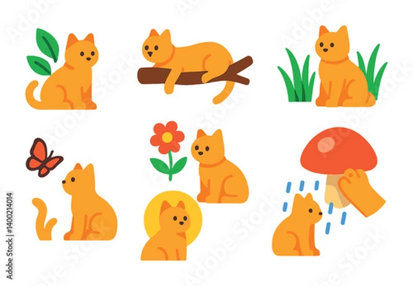 Fototapeta Cute cat icon set: adorable feline illustrations in flat style