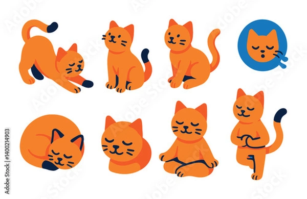 Fototapeta Isometric flat vector set of icons of yoga cats: stretch pose, upward cat, twisted paw pose, peaceful nap, breath icon, curled position, zen face, balanced tail. isolated transparent background.