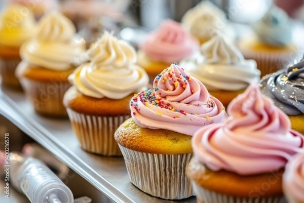 Fototapeta Tray of colorful cupcakes with sprinkles in a bakery