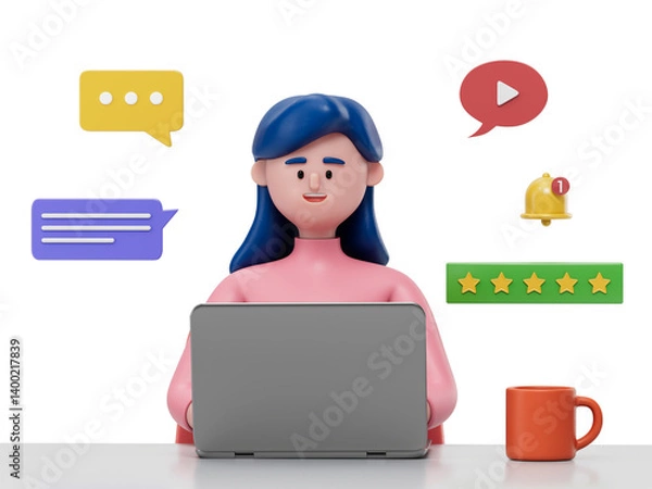 Obraz A woman at a desk with a laptop, surrounded by communication icons, symbolizing digital interaction. 3D rendering, conceptual image. Isolated on white background.
